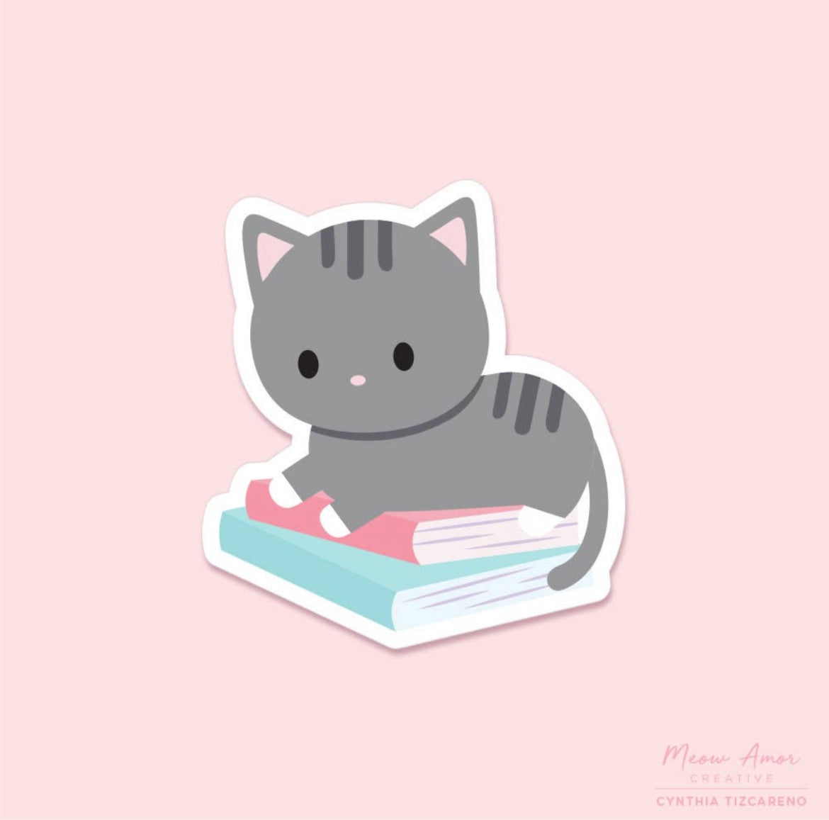 Tabby Cat on Books Vinyl Sticker